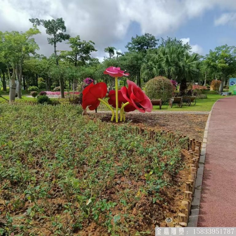 不銹鋼仿真玫瑰花雕塑，公園花朵雕塑4