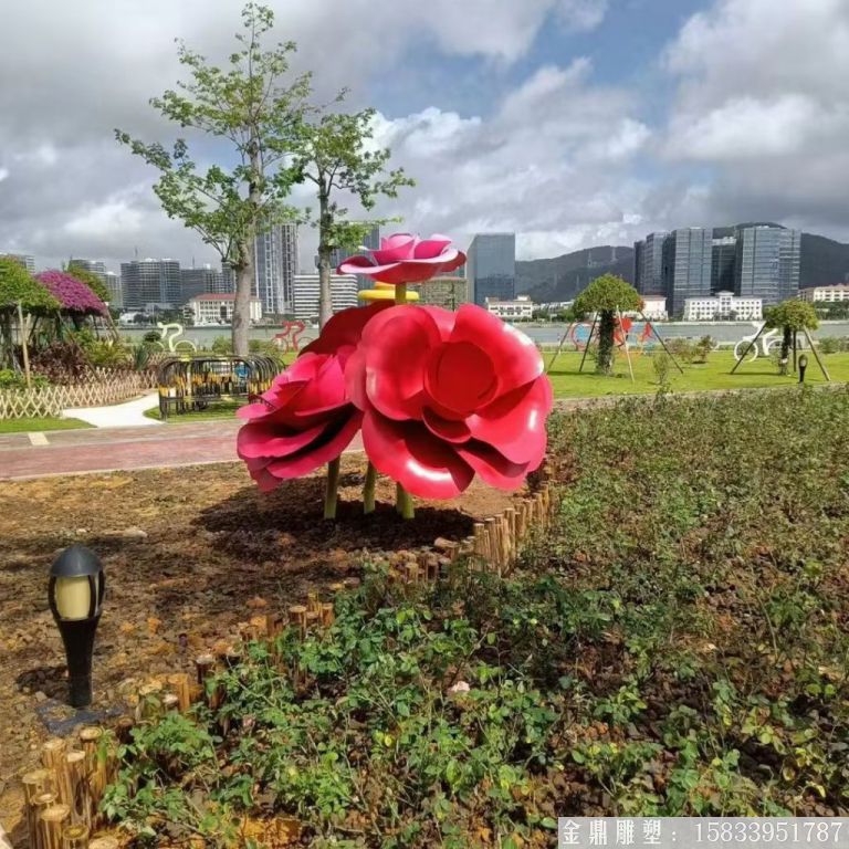 不銹鋼仿真玫瑰花雕塑，公園花朵雕塑5